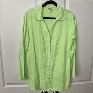 Vintage Icantoo Linen Shirt Womens L Neon Green Resort Vacation Button Up